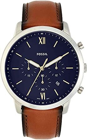 Fossil Orologio Neutra Chrono da uomo, movimento cronografo al quarzo, cassa in acciaio inossidabile argentato da 44 mm con cinturino in pelle, , Blu e marrone