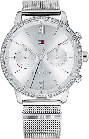 Tommy Hilfiger Orologio Analogico Multifunzione al Quarzo da Donna con Cinturino in Maglia Metallica in Acciaio Inossidabile Argentato