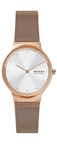 Skagen Freja Orologio per donna, movimento al quarzo con cinturino in acciaio inossidabile o in pelle, Oro rosa e bianco sporco, 34MM