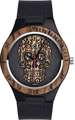 SUPBRO Orologio da Uomo in Legno cranio Nero con cinturino in pelle Orologio Analogico Al quarzo Orologi da Polso Leggero Fatto