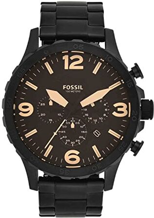 Fossil Orologio Nate da uomo, movimento cronografo al quarzo, cassa in acciaio inossidabile nero da 50 mm con bracciale in acciaio inossidabile, , Nero e marrone