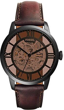 Fossil Orologio Townsman da uomo, movimento automatico, cassa in acciaio inossidabile nero da 44 mm con cinturino in pelle, , Marrone scuro