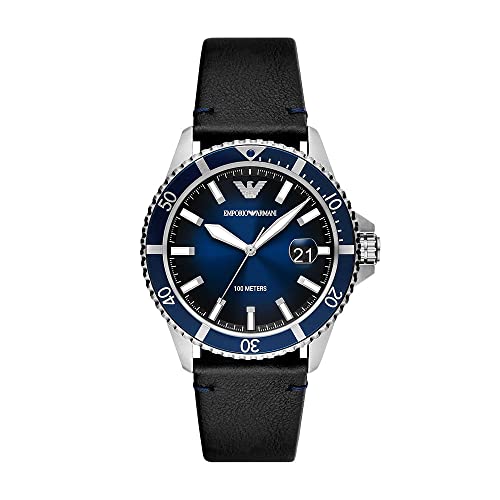 Emporio Armani Orologio da uomo, movimento a tre lancette con data, cassa in acciaio inossidabile argento da 42 mm con cinturino in pelle,