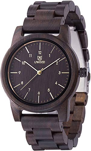 MUJUZE Orologi da Polso in Legno Uomo Donna, Peso Leggero 40g Disegno Rotondo di 40 mm orologio Analogico Al Quarzo Braccialetto di Legno (Black)