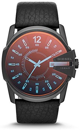 Diesel Orologio Master Chief da uomo, movimento a due lancette con data, cassa in acciaio inossidabile nero da 45 mm e cinturino in pelle,