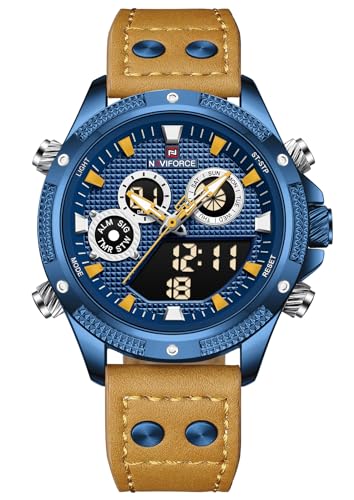 Naviforce Orologio digitale da uomo, al quarzo, con retroilluminazione super luminosa, cronografo, impermeabile, orologio sportivo con cinturino in pelle, Blu