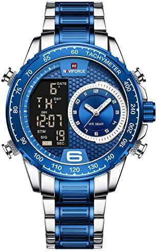 Naviforce Orologio da uomo impermeabile in acciaio inox a led analogico digitale orologi per uomo uomo uomo giorno data cronometro allarme orologio sportivo, Argento blu, braccialetto