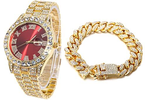 HALUKAKAH Diamanti Orologio Oro, Uomo Placcato Oro Reale 18K 42MM Largo Rosso Componi Quarzo Cinturino 24cm con Link Cubano Catena 20cm Bracciale Set, con Scatola Regalo