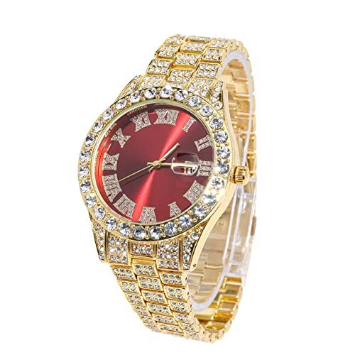 HALUKAKAH Diamanti Orologio Oro, Uomo Placcato Oro Reale 18K 42MM Largo Rosso Componi Quarzo Cinturino 24cm, con Scatola Regalo