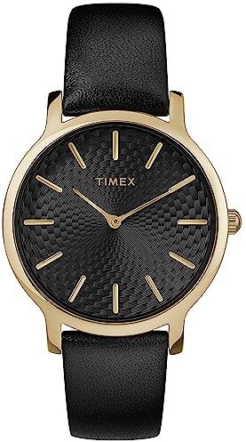 Timex Trend 34mm, Orologio da Donna, Cassa Dorata con Quadrante Nero e Cinturino in Pelle Nero, TW2R36400