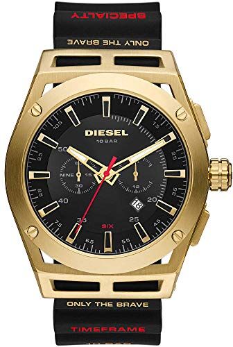 Diesel Orologio Timeframe da uomo, movimento cronografo, cassa 48 mm in acciaio inossidabile dorato con cinturino in silicone,