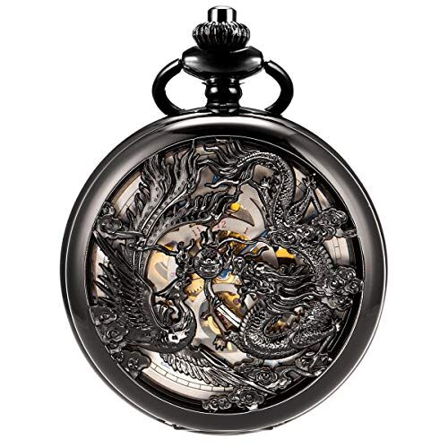 ManChDa Orologio da tasca Lucky Dragon & Phoenix Vintage meccanico Steampunk scheletro numeri romani nero orologio da polso con catena per uomo donna, 3.black, secondi blu, S, 6. nero, secondi blu