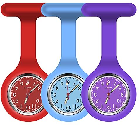 Vicloon Orologio da Infermiere, 3Pcs Orologio per Infermieri in Silicone con Spilla, Infermieri Fob Medical Watch Quandrante Rotondo, Orologi da Tasca per Medici e Infermieri Paramedico (Viola, Rosso)