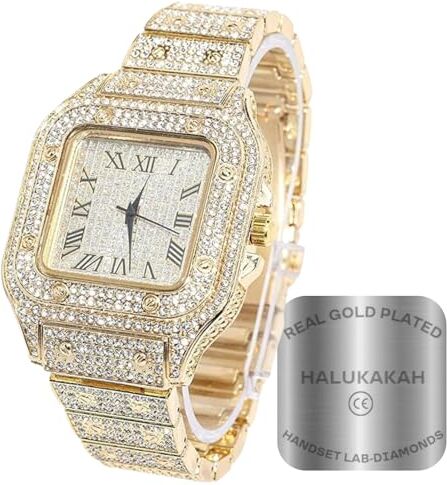 HALUKAKAH Diamanti Orologio Oro, Uomo Placcato Oro Reale 18K 40MM Largo Quadrato Componi Quarzo Cinturino 24cm, con Scatola Regalo