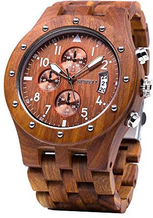 BEWELL Orologio Legno Uomo Cronografo Al quarzo con Cinturino in Legno Data Calendario Cronometro Luminosità Casual (Rosso)