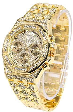 HALUKAKAH Diamanti Orologio Oro, Uomo Placcato Oro Reale 18K 40MM Largo Numeri Romani Componi Quarzo Cinturino 22cm, con Scatola Regalo