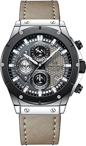 Naviforce Orologio da polso analogico al quarzo con cronografo in vera pelle alla moda per uomo con data automatica Sport impermeabile, Grigio argento, Cinturino