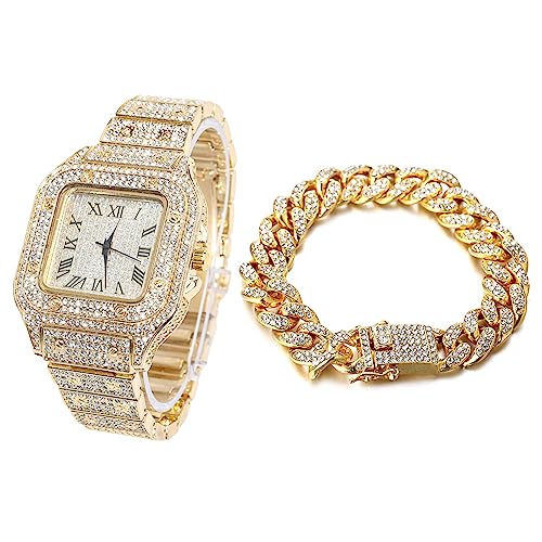 HALUKAKAH Diamanti Orologio Oro, Uomo Placcato Oro Reale 18K 40MM Largo Quadrato Componi Quarzo Cinturino 24cm con Link Cubano Catena 20cm Bracciale Set, con Scatola Regalo