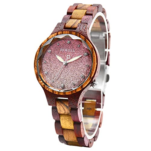 BEWELL Orologio da donna in legno analogico al quarzo giapponese con cinturino in legno W162A, Rosso 1