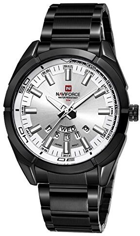 Naviforce Orologi sportivi da uomo Orologio da polso casual in pelle al quarzo militare impermeabile, Nero argento, vestito