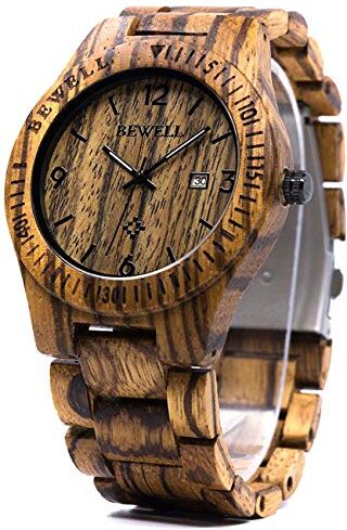 BEWELL Orologi di Legno degli Uomini Orologio da Polso Retrò Orologio Analogico al Quarzo di Lusso con il Calendario Legno di Zebra W086B