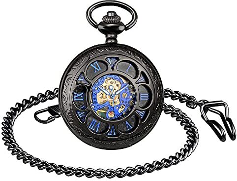 SUPBRO Orologio da Taschino per Uomo con Quadrante Nero e Catena Meccanico a carica manuale