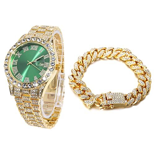 HALUKAKAH Diamanti Orologio Oro, Uomo Placcato Oro Reale 18K 42MM Largo Verde Componi Quarzo Cinturino 24cm con Link Cubano Catena 20cm Bracciale Set, con Scatola Regalo