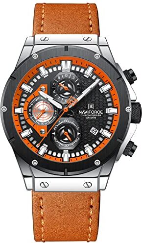 Naviforce Orologio al quarzo cronografo del cuoio genuino di modo per gli uomini della data automatica sport orologi da polso analogici, Arancione, cinturino