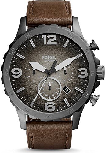 Fossil Orologio Nate da uomo, movimento cronografo al quarzo, cassa in acciaio inossidabile fumé 50 mm con cinturino in vera pelle, , Grigio e marrone