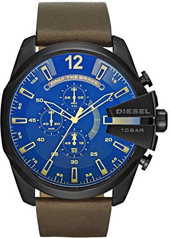 Diesel Orologio Mega Chief da uomo, movimento cronografo al quarzo, cassa in acciaio inossidabile nero da 51 mm con cinturino in pelle,