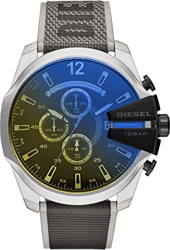 Diesel Orologio Mega Chief da uomo, movimento cronografo al quarzo, cassa in acciaio inossidabile argento da 51 mm con cinturino in nylon,