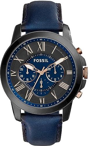 Fossil Orologio Grant da uomo, movimento cronografo al quarzo, cassa in acciaio inossidabile fumé da 44 mm con cinturino in vera pelle, , Blu e nero