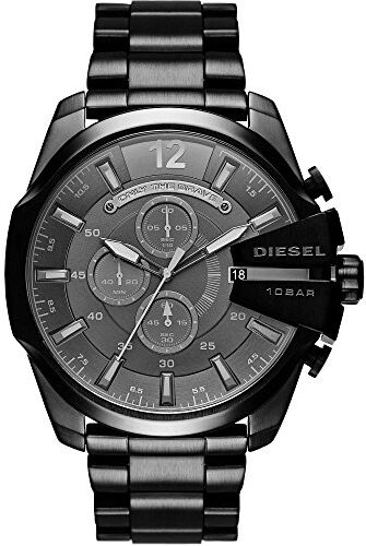 Diesel Orologio Mega Chief da uomo, movimento cronografo al quarzo, cassa in acciaio inossidabile nero da 51 mm con bracciale in acciaio inossidabile,