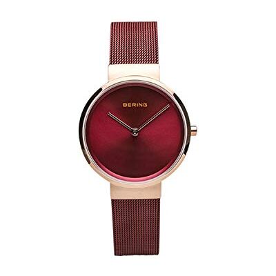 BERING Orologio da donna al quarzo, orologio da polso con cassa in acciaio inossidabile color oro rosa da 31 mm e quadrante rosso, cinturino in maglia milanese, vetro zaffiro, 5 ATM BERING Orologio da donna al quarzo, orologio da polso con cassa in acciaio inossidabile color oro rosa da 31 mm e quadrante rosso, cinturino in maglia milanese, vetro zaffiro, 5 ATM