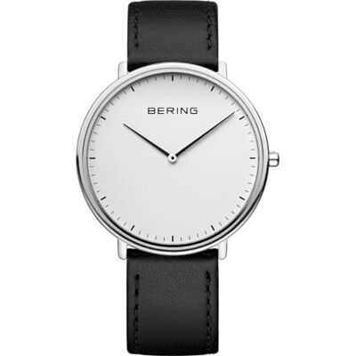 BERING Orologio unisex al quarzo, orologio da polso con cassa in acciaio inossidabile color argento da 39 mm, quadrante bianco, cinturino in pelle di vitello, vetro zaffiro, 3 ATM BERING Orologio unisex al quarzo, orologio da polso con cassa in acciaio inossidabile color argento da 39 mm, quadrante bianco, cinturino in pelle di vitello, vetro zaffiro, 3 ATM