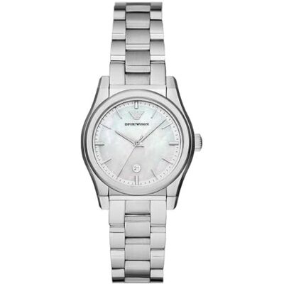 Emporio Armani Orologio da donna, movimento al quarzo 32mm con data a tre lancette e cinturino in acciaio Emporio Armani Orologio da donna, movimento al quarzo 32mm con data a tre lancette e cinturino in acciaio