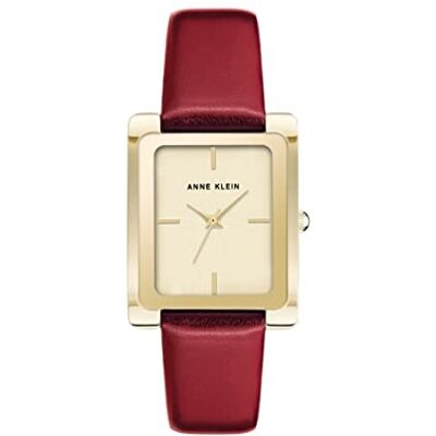 Anne Klein Orologio da donna con cinturino in pelle, Rosso Scuro/Oro Anne Klein Orologio da donna con cinturino in pelle, Rosso Scuro/Oro