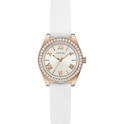 Guess Orologio da polso donna Mini Luna, 30 mm, in acciaio inox oro rosa, quadrante argento, al quarzo, vetro minerale, zirconi, 3 ATM, cinturino in silicone bianco 14 mm Guess Orologio da polso donna Mini Luna, 30 mm, in acciaio inox oro rosa, quadrante argento, al quarzo, vetro minerale, zirconi, 3 ATM, cinturino in silicone bianco 14 mm