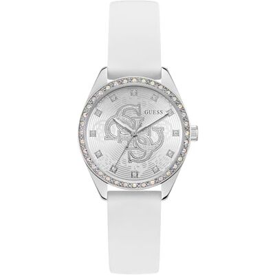Guess AVA Orologio da polso da donna, analogico, al quarzo, in acciaio inox, 34 mm, cinturino in silicone, colore: bianco, 5 bar, colore: Argento Guess AVA Orologio da polso da donna, analogico, al quarzo, in acciaio inox, 34 mm, cinturino in silicone, colore: bianco, 5 bar, colore: Argento