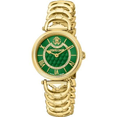 Roberto Cavalli Orologio da polso da donna al quarzo Moda bracciale e cassa in Acciaio INOX di colore Oro display analogico verde Roberto Cavalli Orologio da polso da donna al quarzo Moda bracciale e cassa in Acciaio INOX di colore Oro display analogico verde