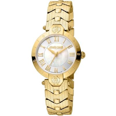 Roberto Cavalli Orologio da polso da donna al quarzo Moda bracciale e cassa in Acciaio INOX di colore Oro display analogico bianco Roberto Cavalli Orologio da polso da donna al quarzo Moda bracciale e cassa in Acciaio INOX di colore Oro display analogico bianco