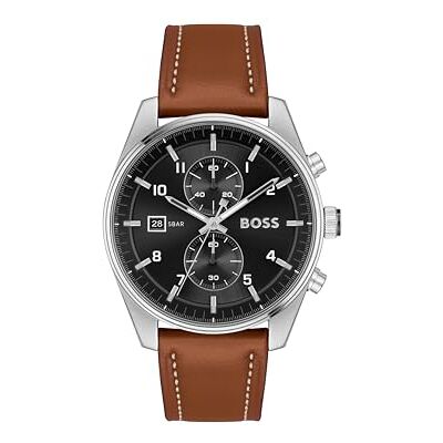 Boss Orologio con Cronografo al Quarzo da Uomo Collezione SKYTRAVELLER con Cinturino in Pelle Marrone , Black Boss Orologio con Cronografo al Quarzo da Uomo Collezione SKYTRAVELLER con Cinturino in Pelle Marrone , Black