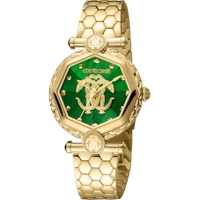 Roberto Cavalli Orologio da polso da donna al quarzo Moda bracciale e cassa in Acciaio INOX di colore Oro display analogico verde Roberto Cavalli Orologio da polso da donna al quarzo Moda bracciale e cassa in Acciaio INOX di colore Oro display analogico verde