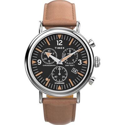 Timex Orologio cronografo da uomo Waterbury, 41 mm, cinturino a sgancio rapido in due pezzi in pelle marrone, quadrante nero, cassa argentata TW2W84500 Timex Orologio cronografo da uomo Waterbury, 41 mm, cinturino a sgancio rapido in due pezzi in pelle marrone, quadrante nero, cassa argentata TW2W84500
