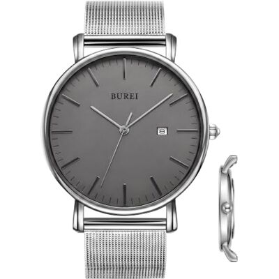 BUREI Uomo Donna Orologio da polso al quarzo classico minimalista Quadrante nero analogico Data e cinturino in acciaio inossidabile BUREI Uomo Donna Orologio da polso al quarzo classico minimalista Quadrante nero analogico Data e cinturino in acciaio inossidabile