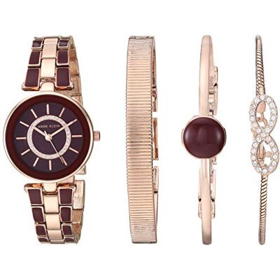 Anne Klein Set con orologio da polso da donna impreziosito da cristalli di alta qualità e bracciale, AK/3287, Borgogna/Oro Rosa Anne Klein Set con orologio da polso da donna impreziosito da cristalli di alta qualità e bracciale, AK/3287, Borgogna/Oro Rosa