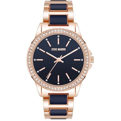 Steve Madden Orologio da donna con cinturino in vero cristallo, Blu navy/Oro rosa Steve Madden Orologio da donna con cinturino in vero cristallo, Blu navy/Oro rosa