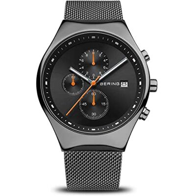 BERING Orologio da uomo al quarzo, orologio da polso con cassa in acciaio inox grigia da 42 mm e quadrante nero, cinturino in maglia milanese, vetro zaffiro, 3 ATM BERING Orologio da uomo al quarzo, orologio da polso con cassa in acciaio inox grigia da 42 mm e quadrante nero, cinturino in maglia milanese, vetro zaffiro, 3 ATM