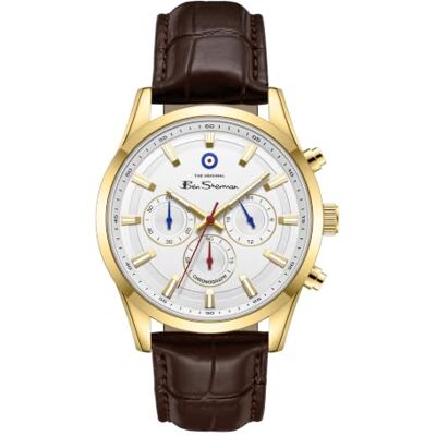 Ben Sherman Orologio da uomo Cambridge Cronografo con quadrante bianco goffrato, cinturino in vera pelle marrone e cassa color oro Ben Sherman Orologio da uomo Cambridge Cronografo con quadrante bianco goffrato, cinturino in vera pelle marrone e cassa color oro