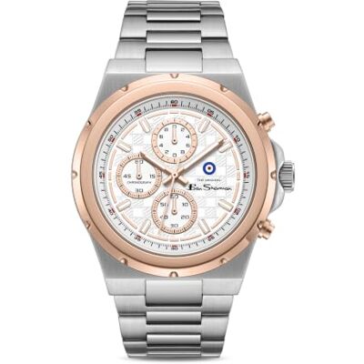 Ben Sherman Orologio da uomo Manchester Chronograph con quadrante argentato goffrato e bracciale in acciaio inossidabile bicolore Ben Sherman Orologio da uomo Manchester Chronograph con quadrante argentato goffrato e bracciale in acciaio inossidabile bicolore